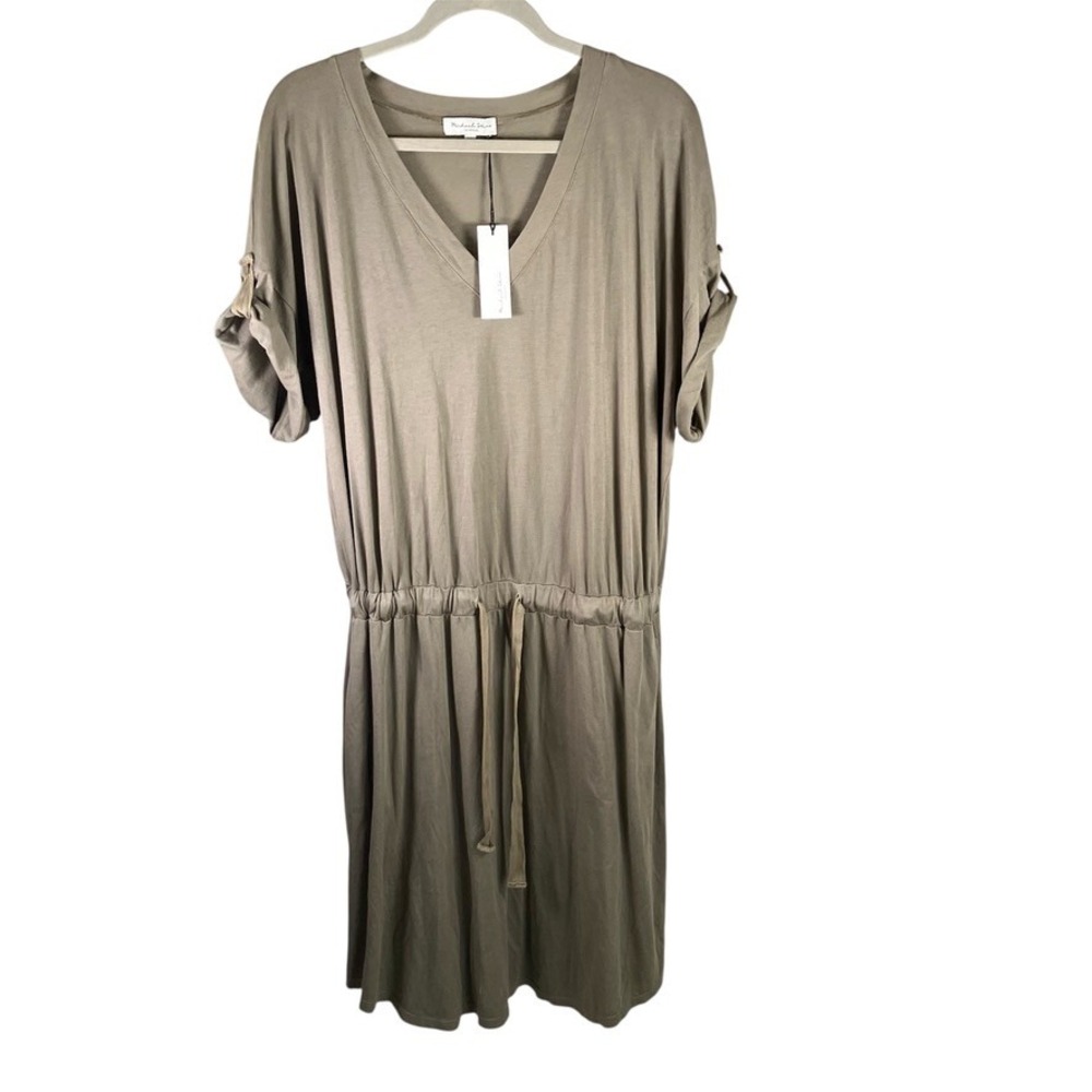 Michael Stars Annallee Olive Green Cotton Modal Tie Waist V Neck Dress 1X New